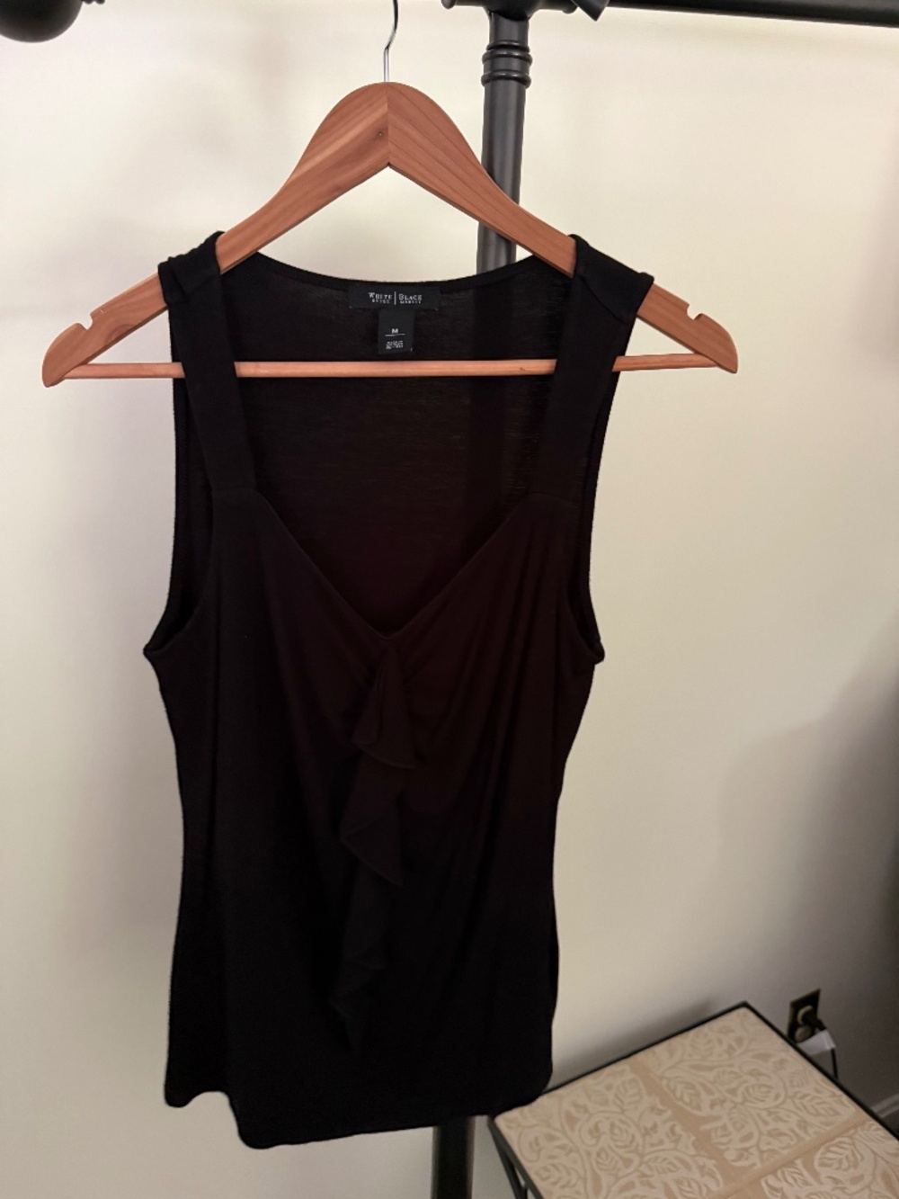 White House Black Market Black V-Neck Ruffle Front Tank Top Size M